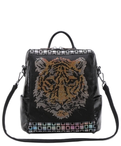 Tiger Face Rhinestone Real Leather Backpacks ML-1033 BLACK